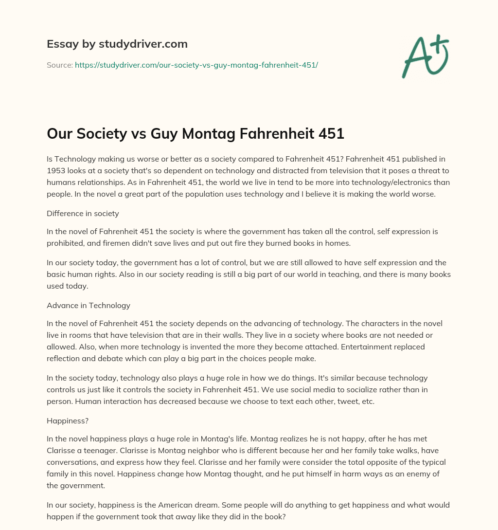 Our Society Vs Guy Montag Fahrenheit 451 essay