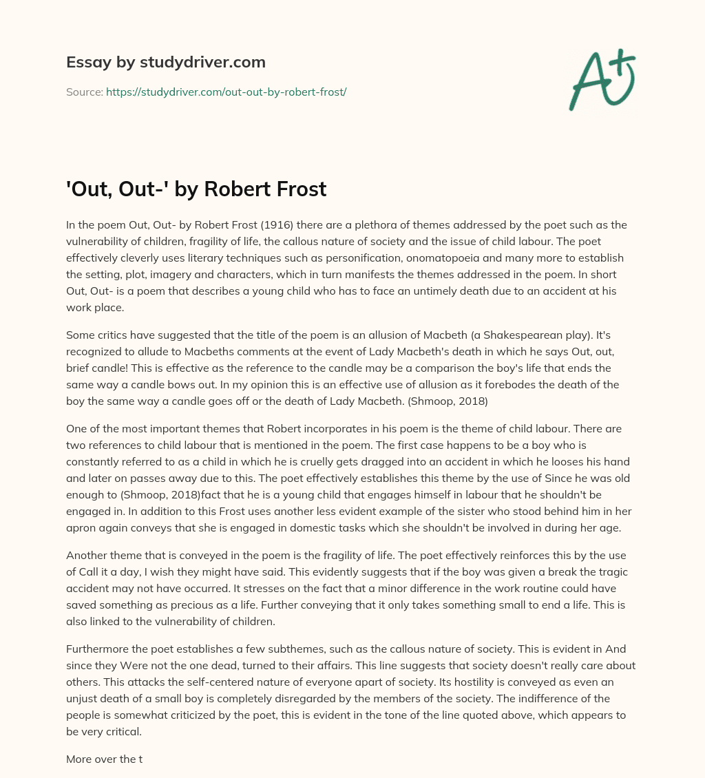 ‘Out, Out-‘ by Robert Frost essay
