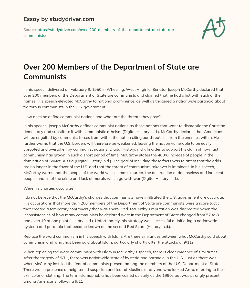 Over 200 Members of the Department of State are Communists essay