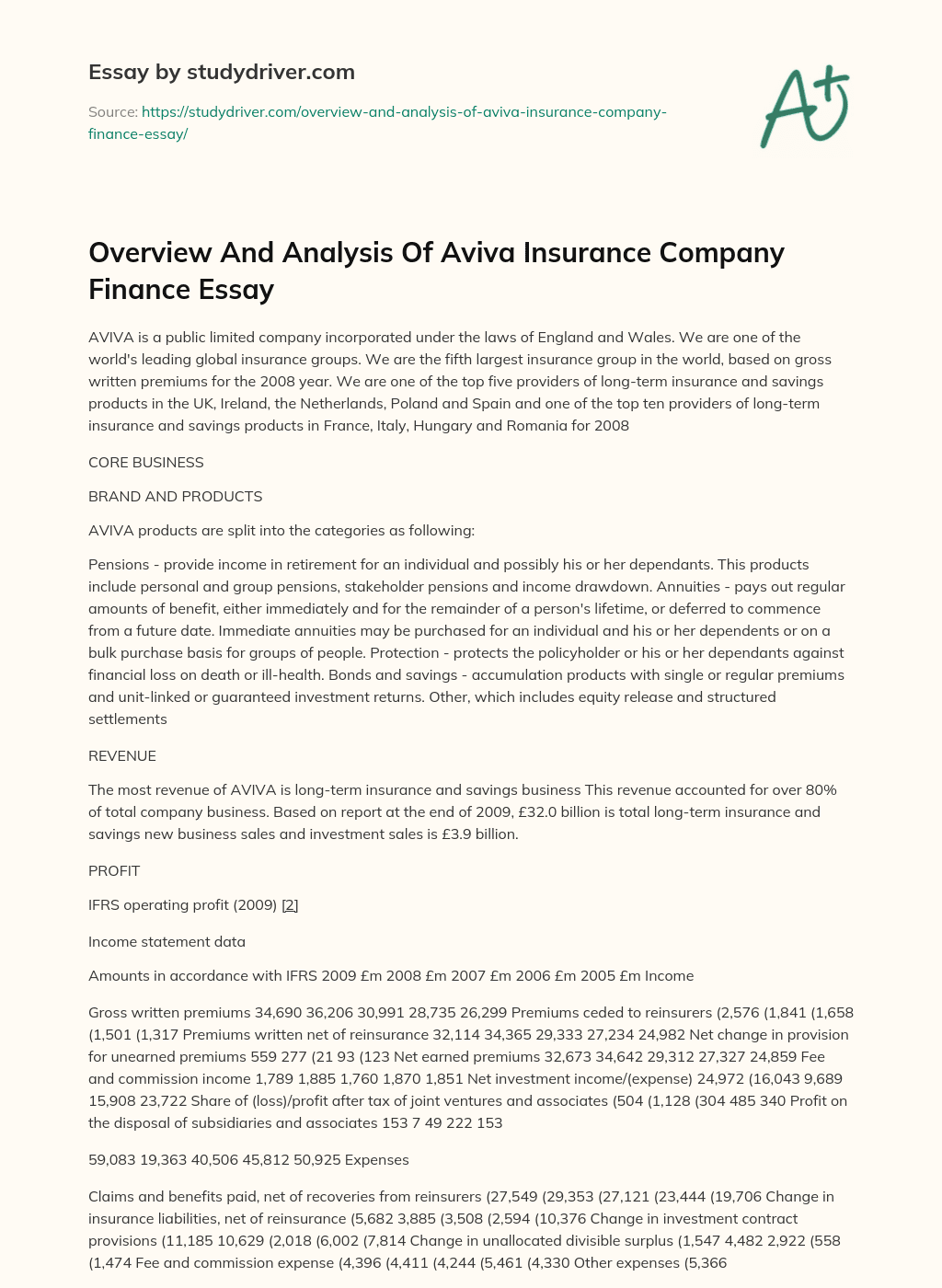 Overview and Analysis of Aviva Insurance Company Finance Essay essay