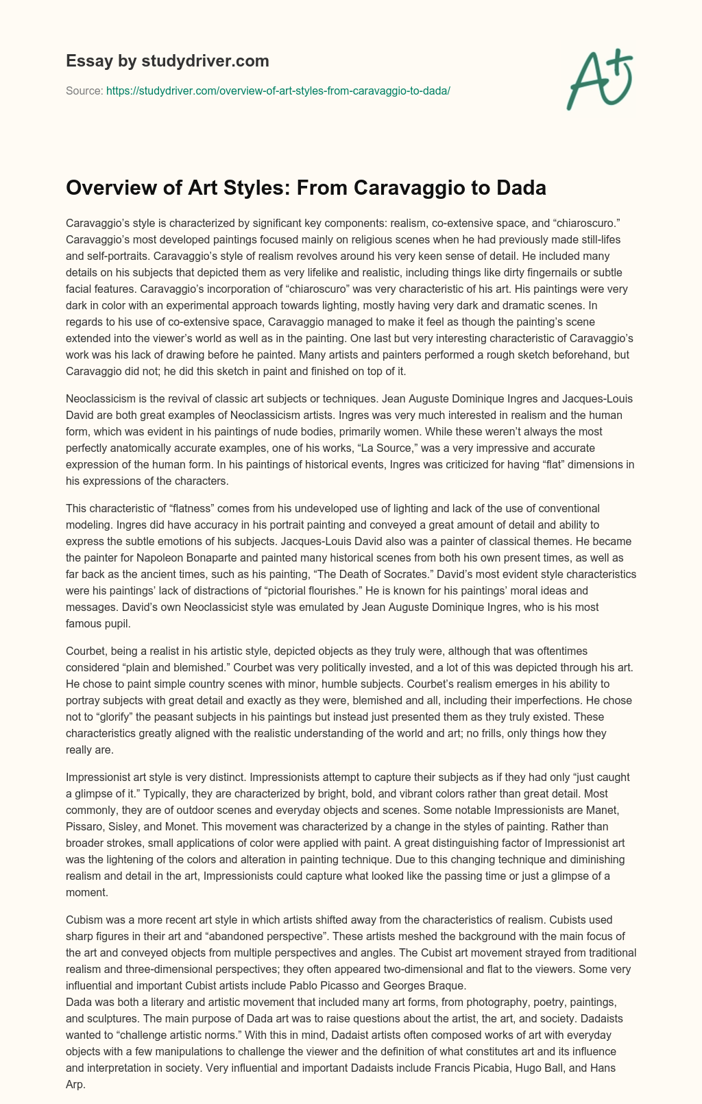 Overview of Art Styles: from Caravaggio to Dada essay