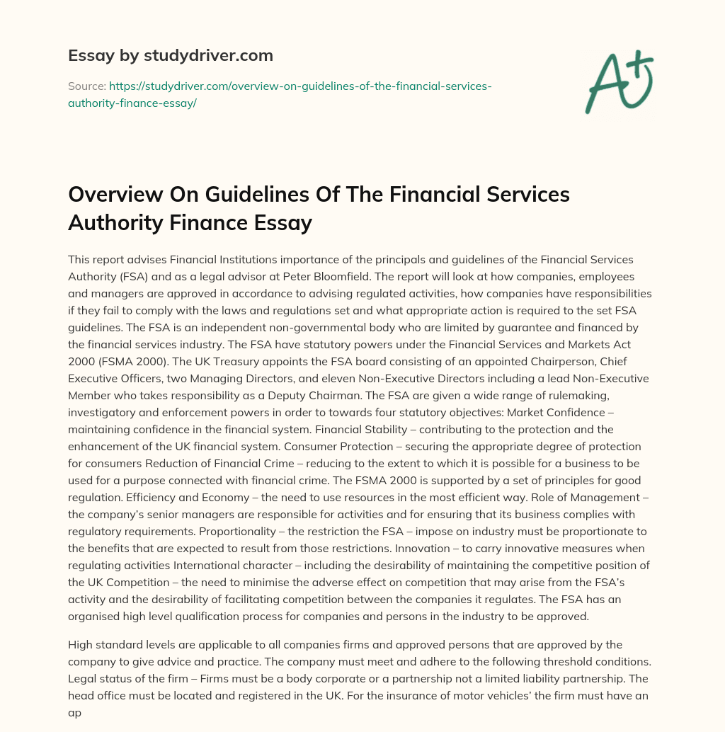 Overview on Guidelines of the Financial Services Authority Finance Essay essay
