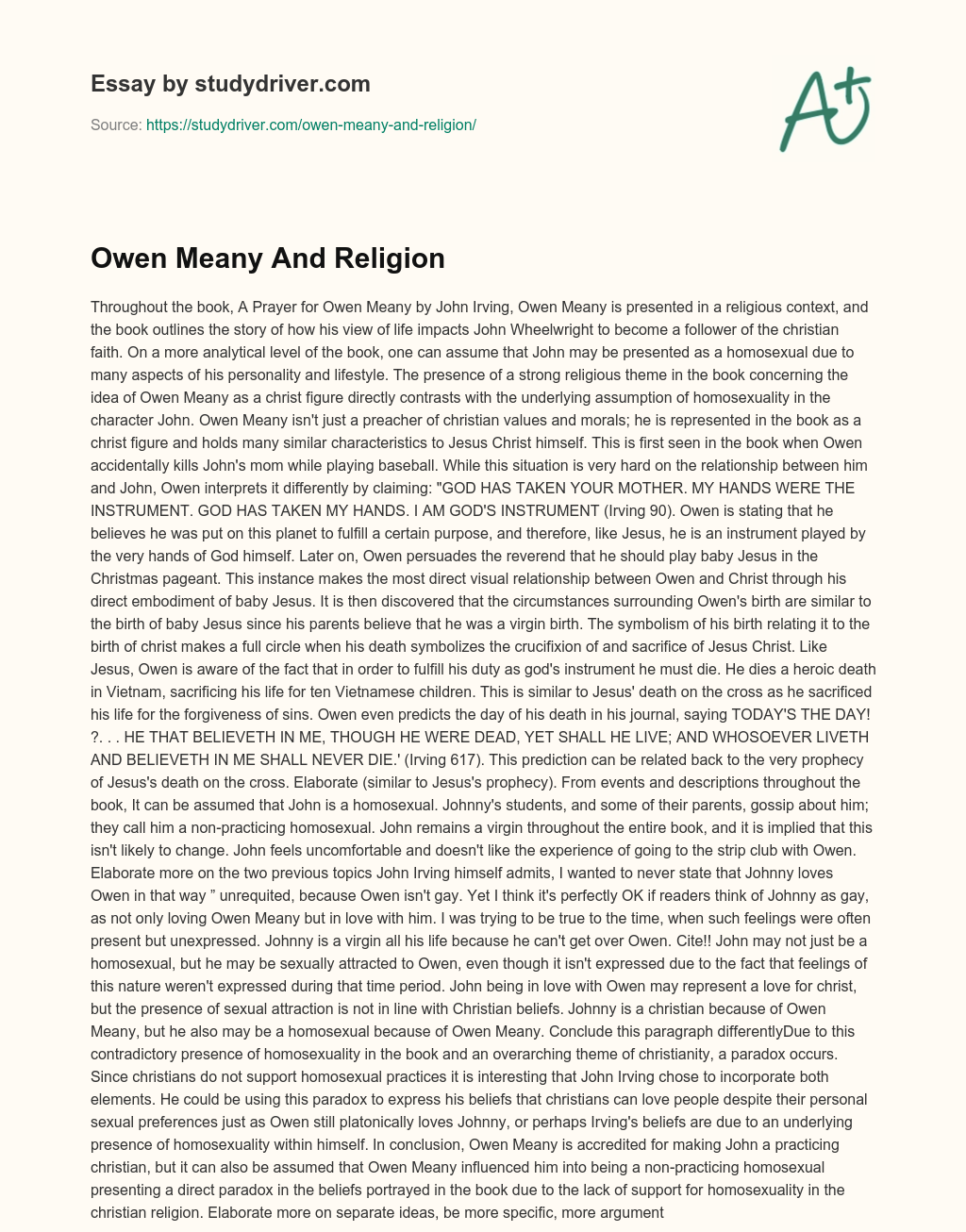Owen Meany and Religion essay