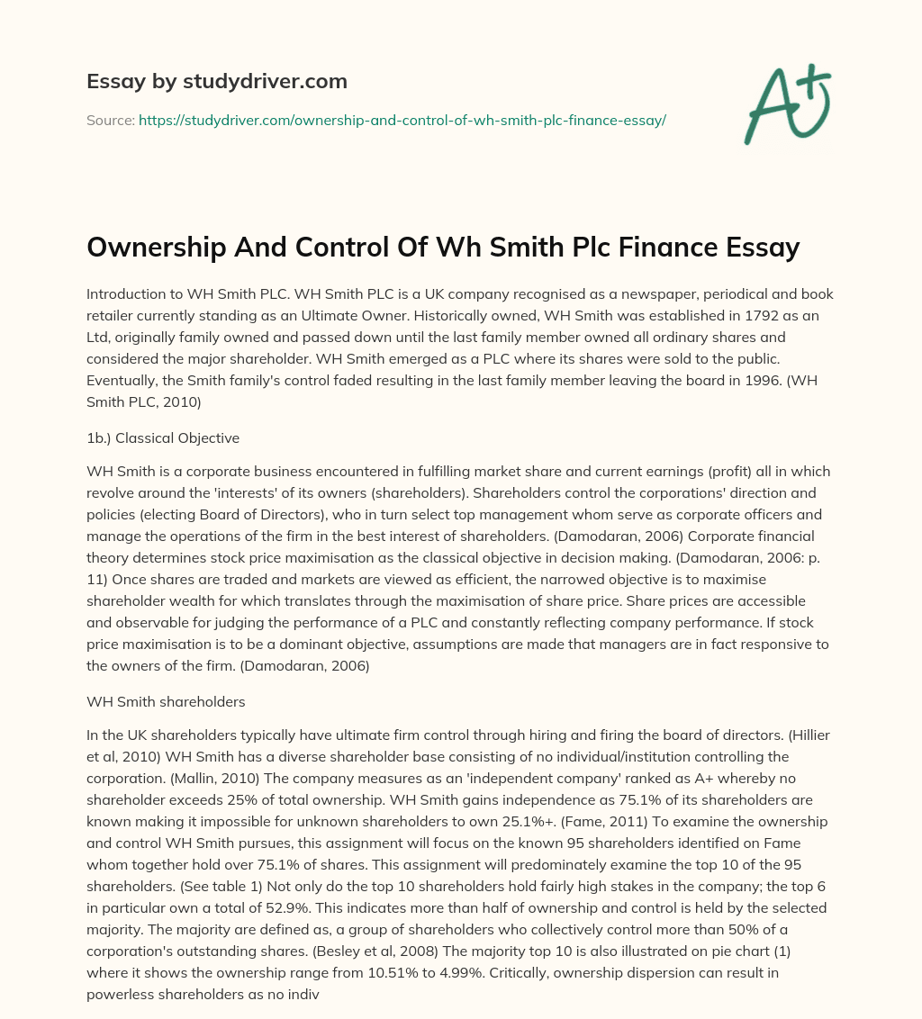 Ownership and Control of Wh Smith Plc Finance Essay essay