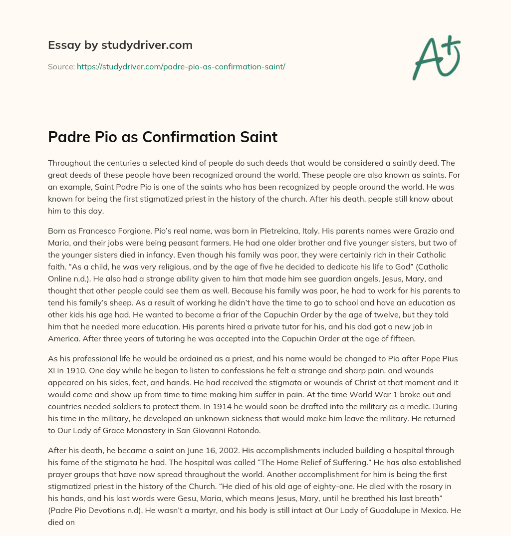 Padre Pio as Confirmation Saint essay