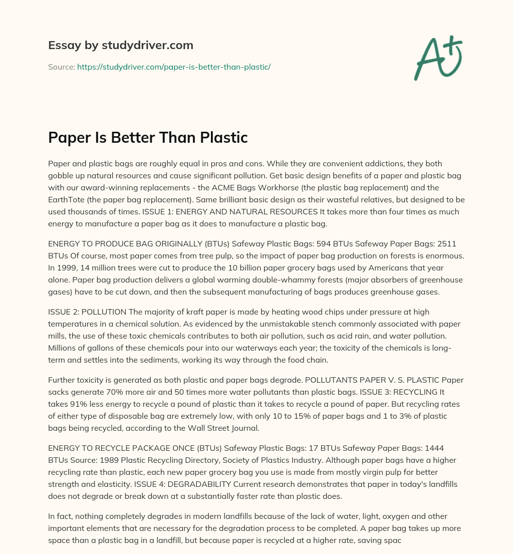 Paper is Better than Plastic essay