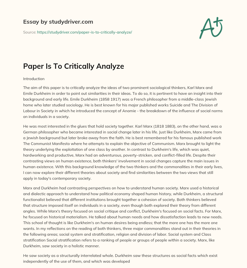 Paper is to Critically Analyze essay