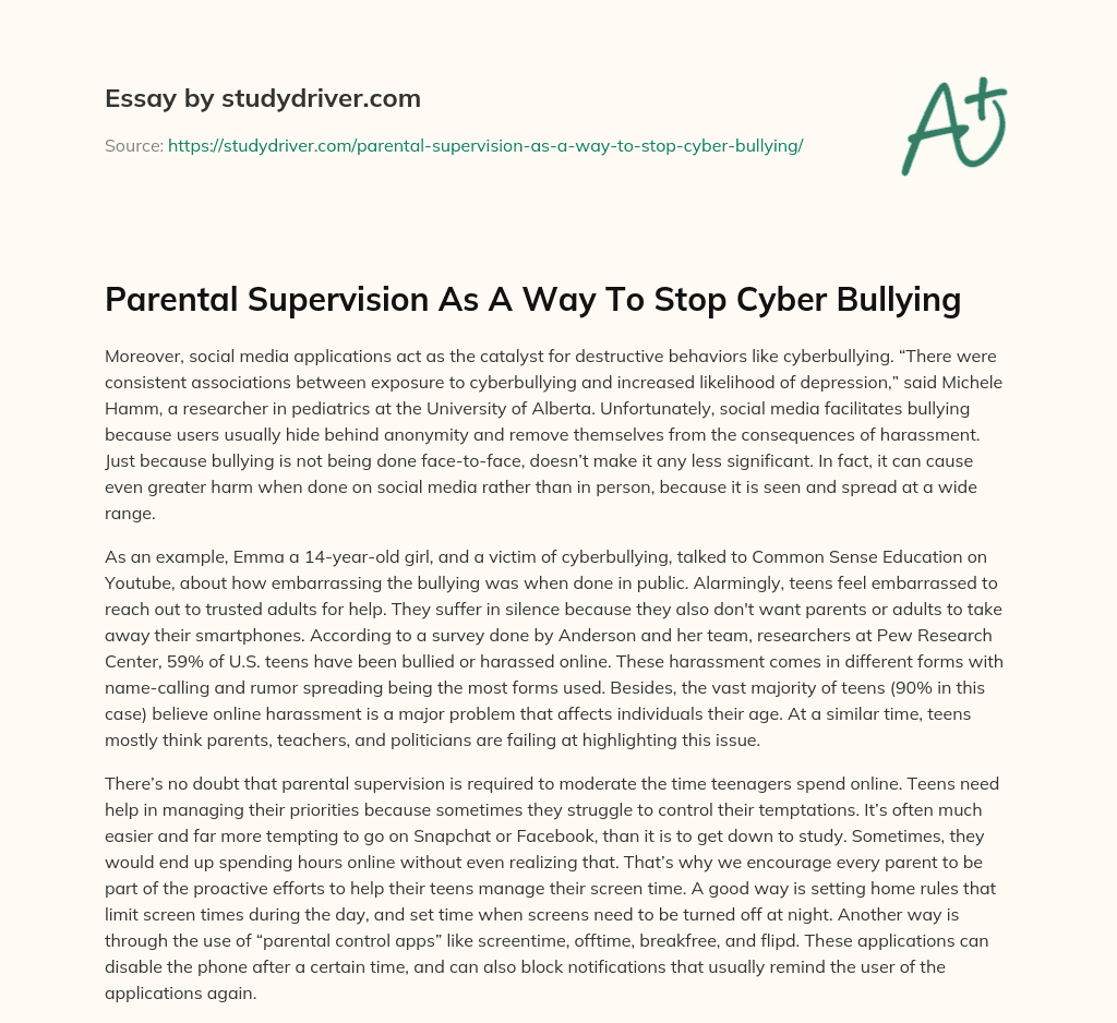 Parental Supervision as a Way to Stop Cyber Bullying essay