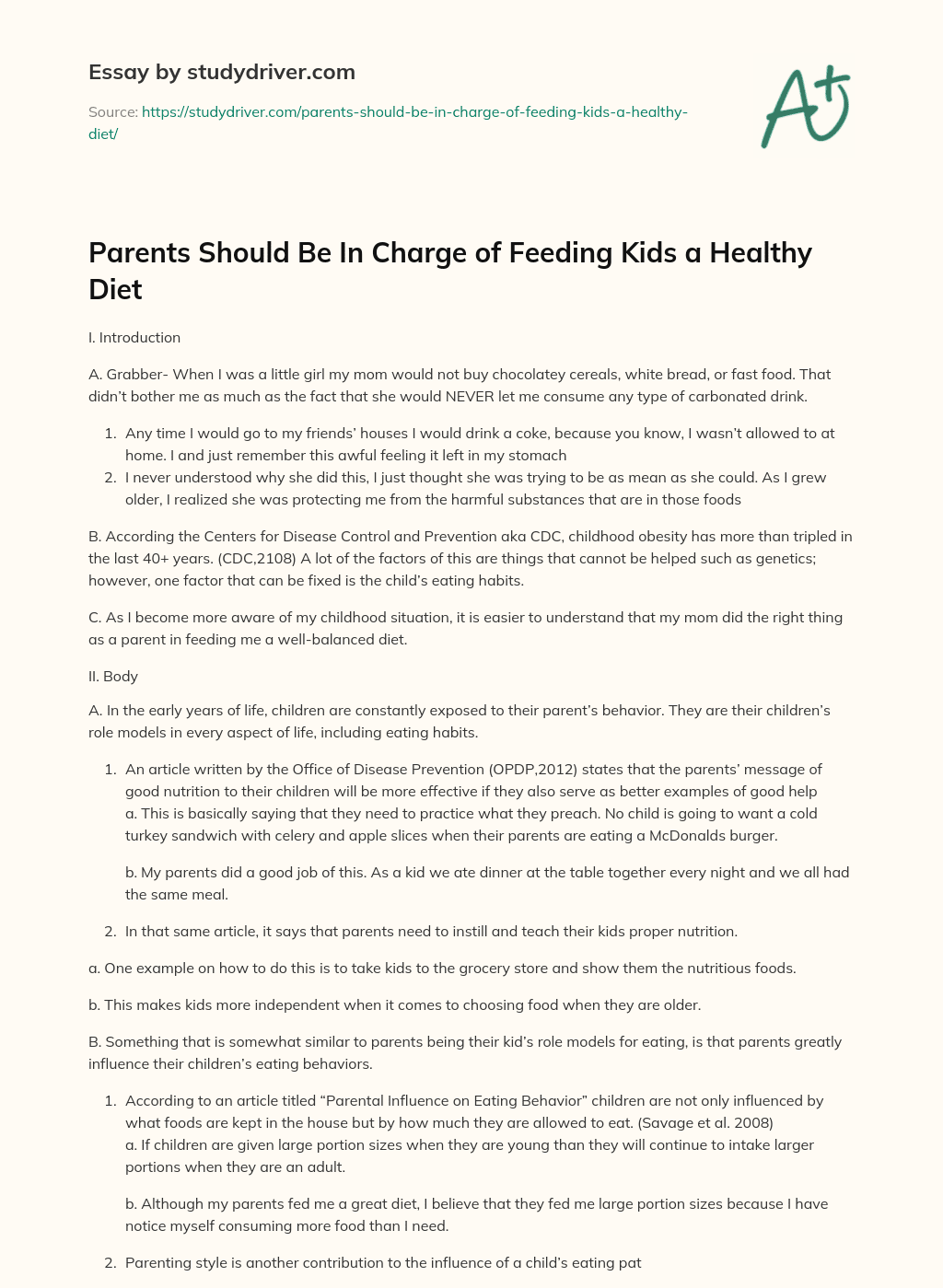 Parents should be in Charge of Feeding Kids a Healthy Diet essay