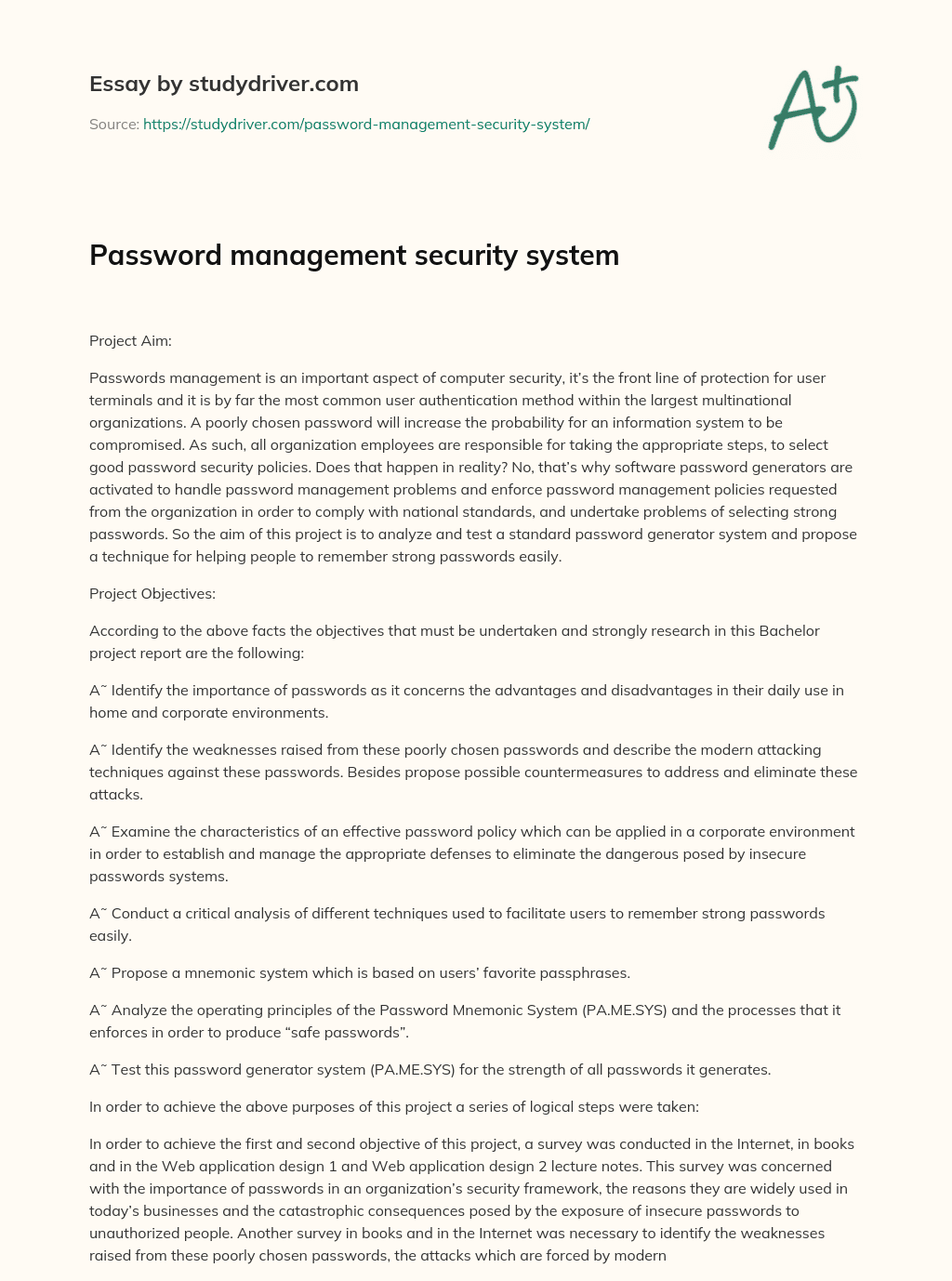 Password Management Security System essay