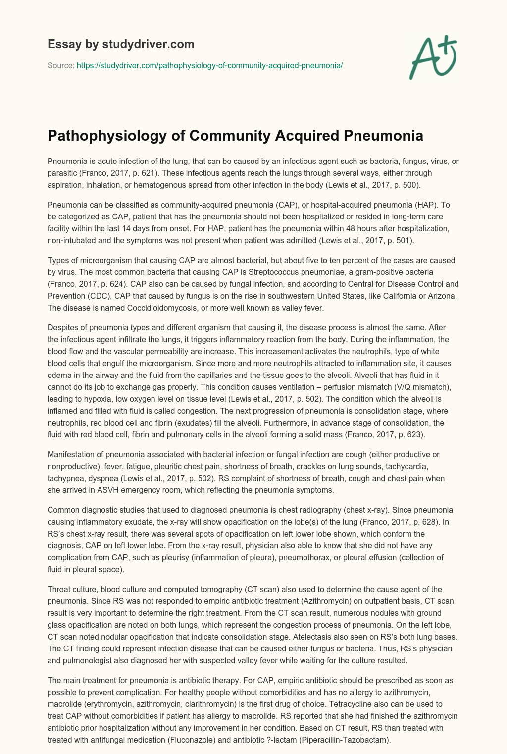 Pathophysiology of Community Acquired Pneumonia essay