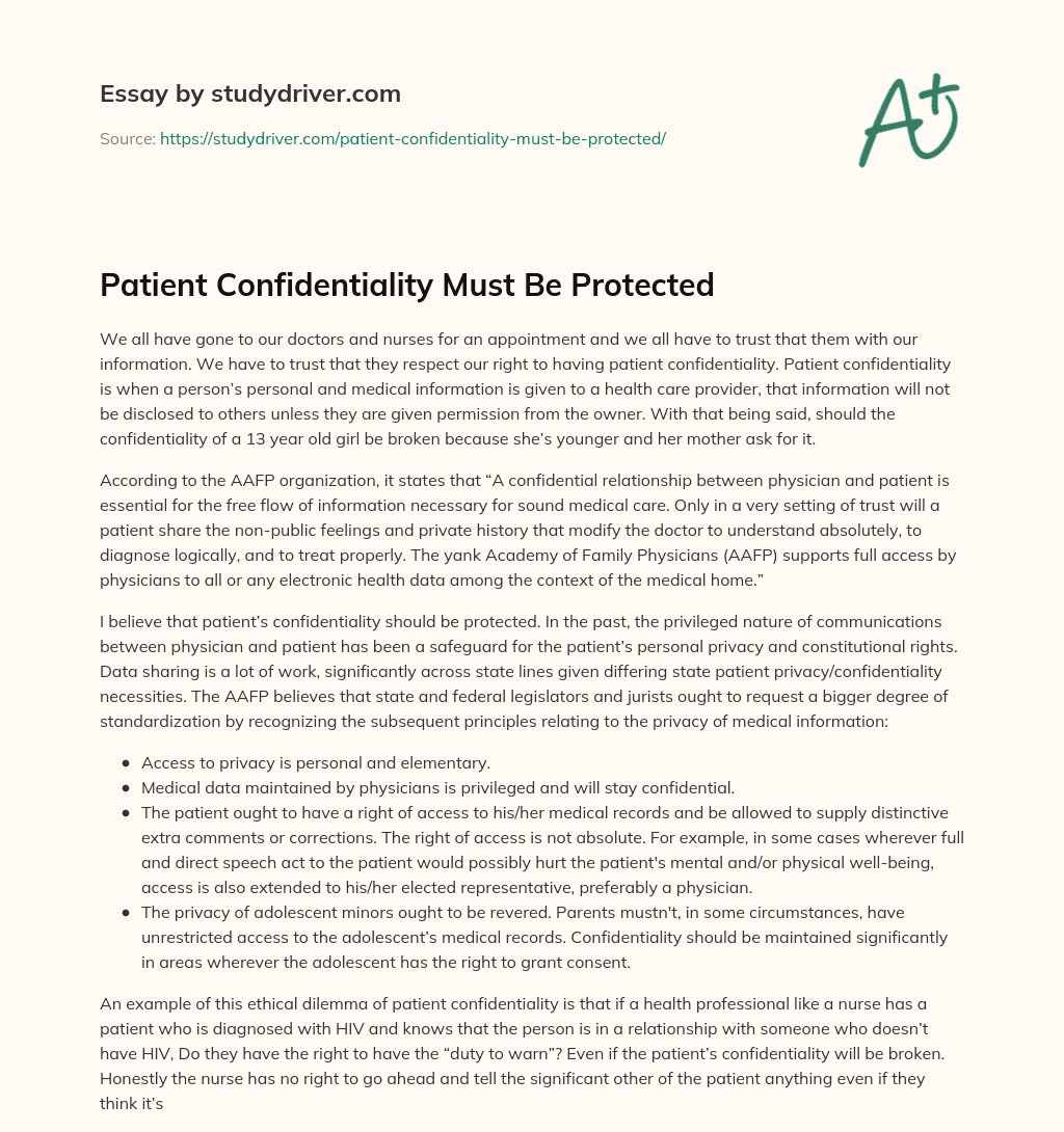 Patient Confidentiality Must be Protected essay