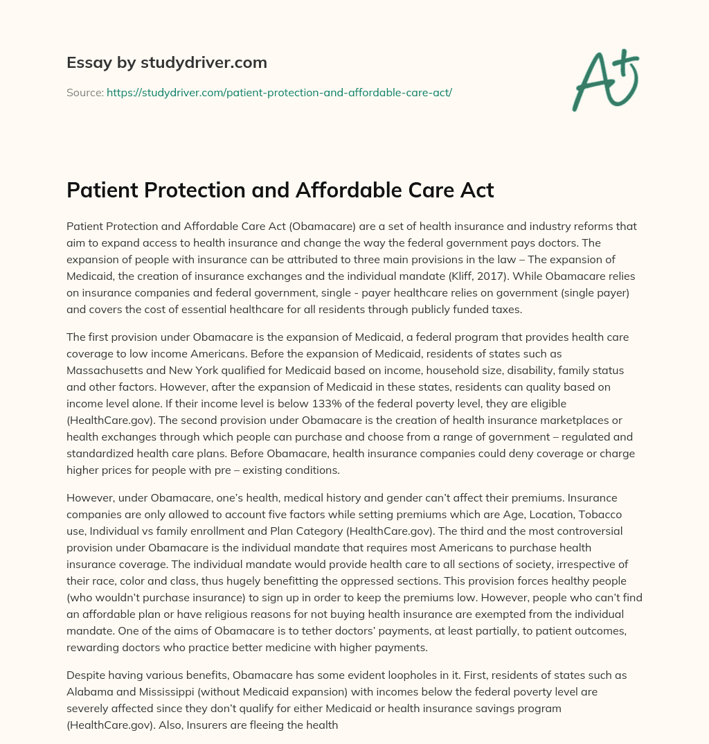 Patient Protection and Affordable Care Act essay