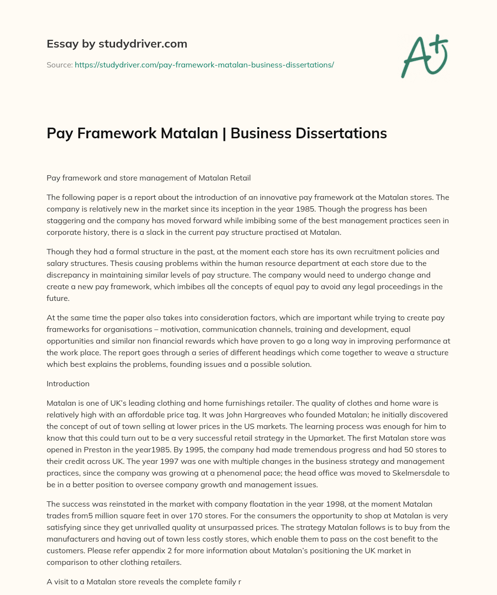 Pay Framework Matalan | Business Dissertations essay