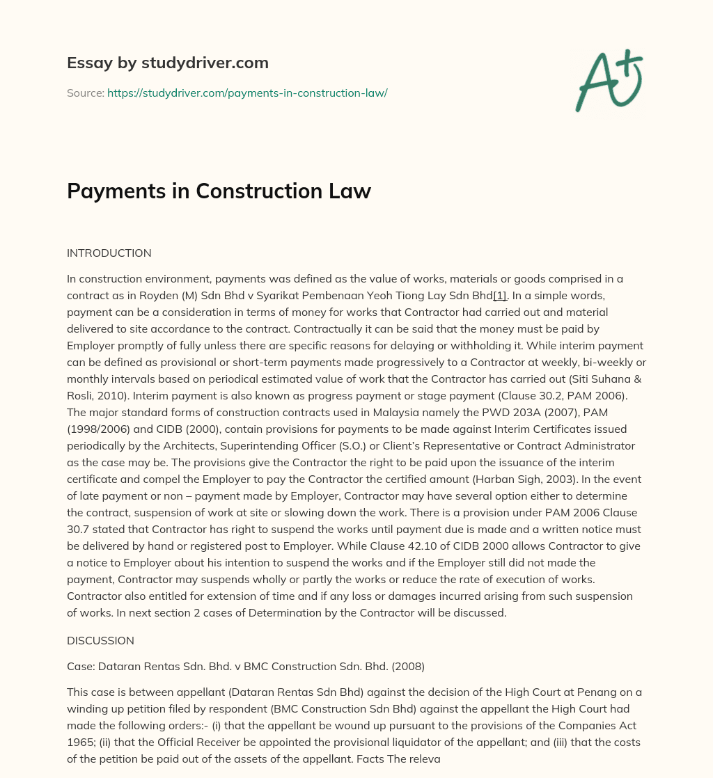 Payments in Construction Law essay