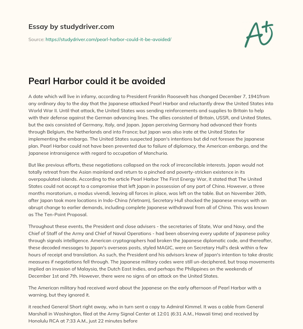 Pearl Harbor could it be Avoided essay
