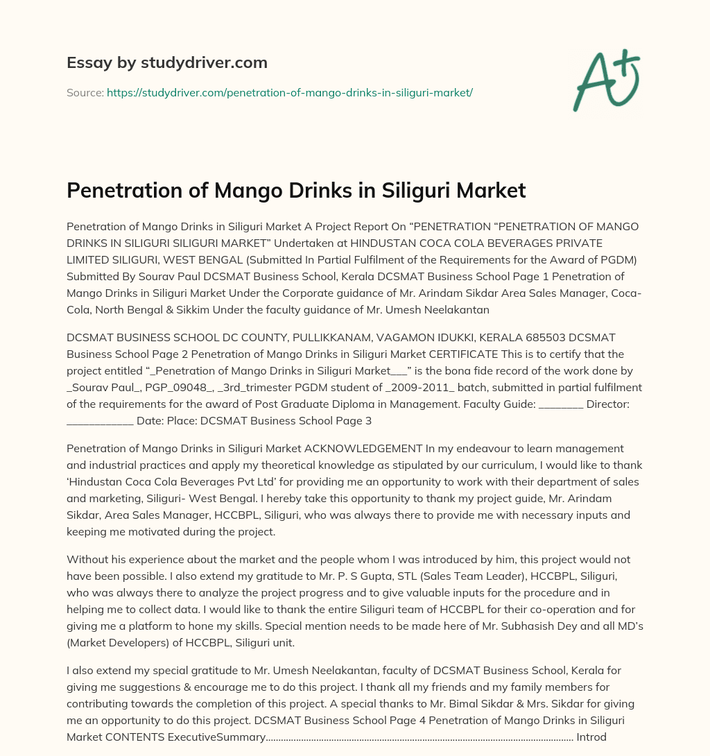 Penetration of Mango Drinks in Siliguri Market essay