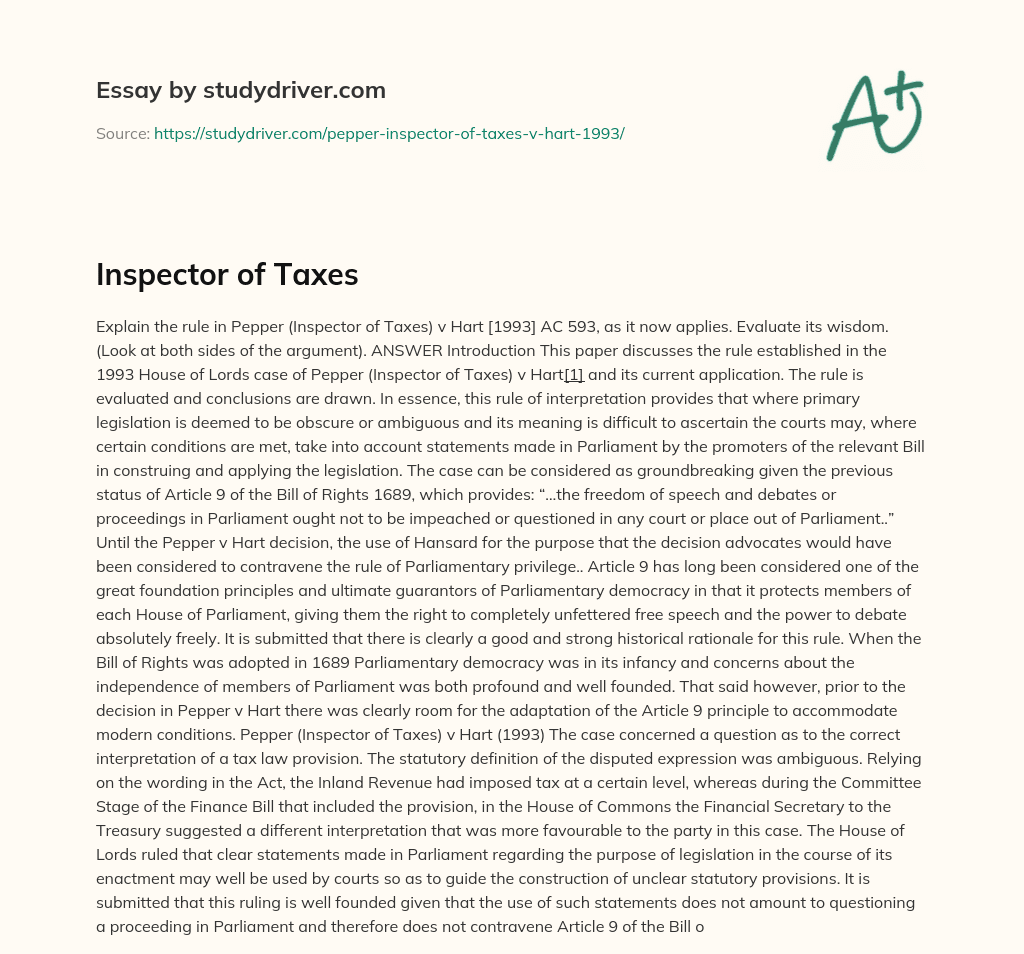 Inspector of Taxes essay