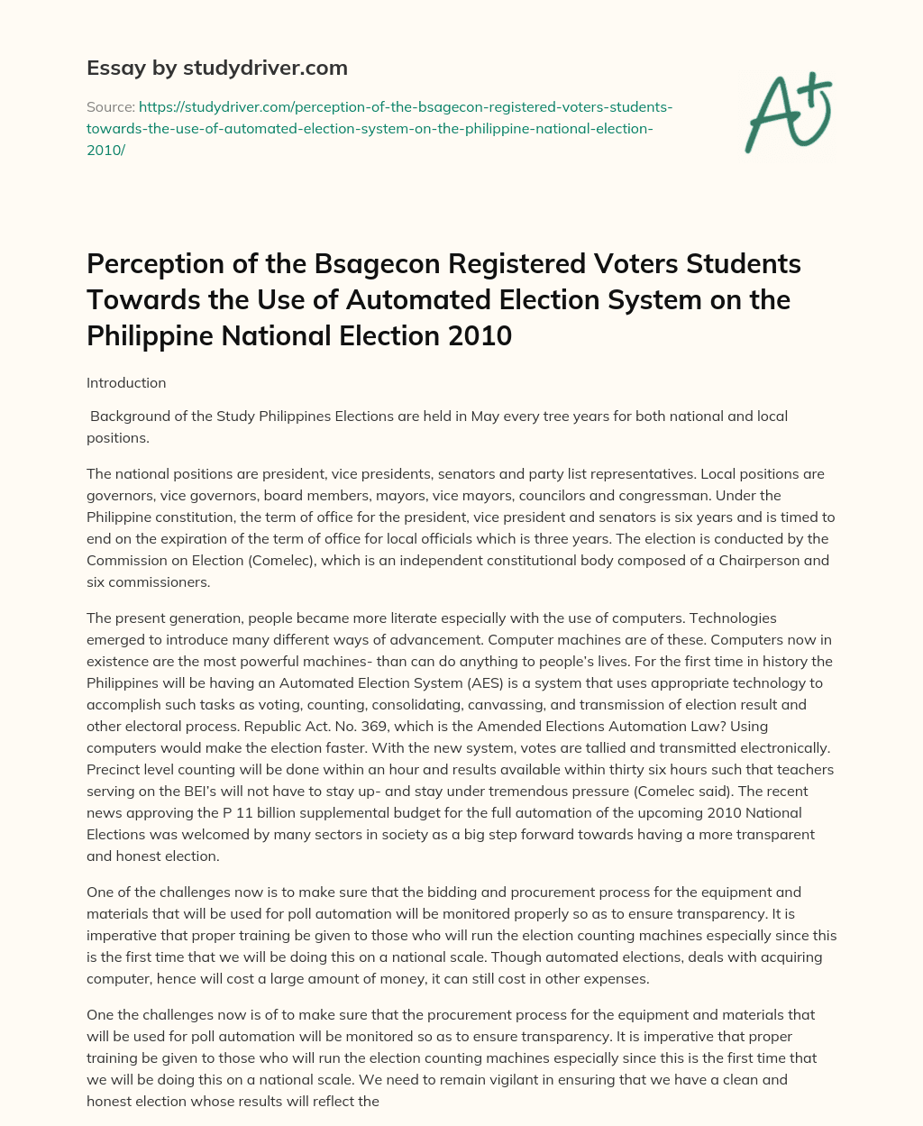 Perception of the Bsagecon Registered Voters Students Towards the Use of Automated Election System on the Philippine National Election 2010 essay