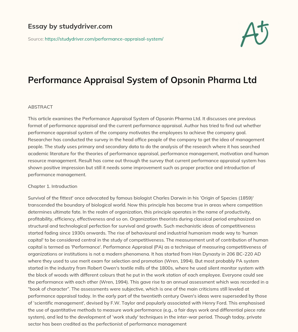Performance Appraisal System of Opsonin Pharma Ltd essay