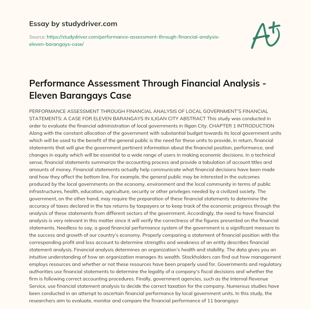 Performance Assessment through Financial Analysis – Eleven Barangays Case essay