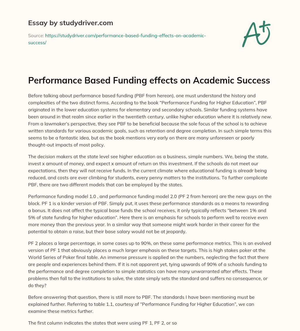 Performance Based Funding Effects on Academic Success essay