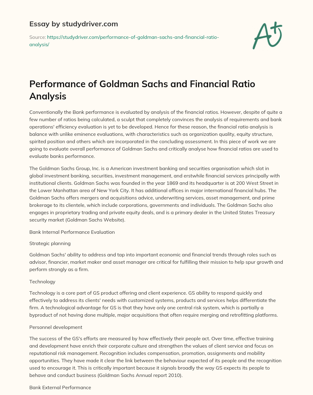 Performance of Goldman Sachs and Financial Ratio Analysis essay