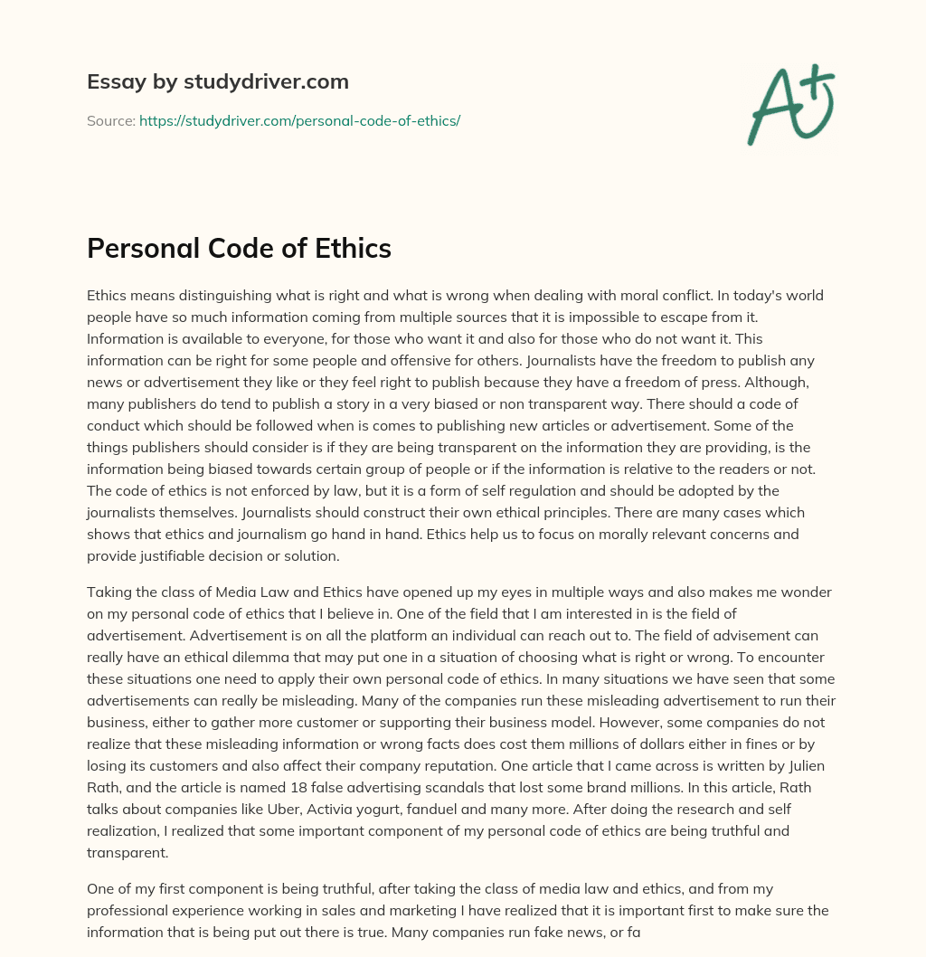 Personal Code of Ethics essay