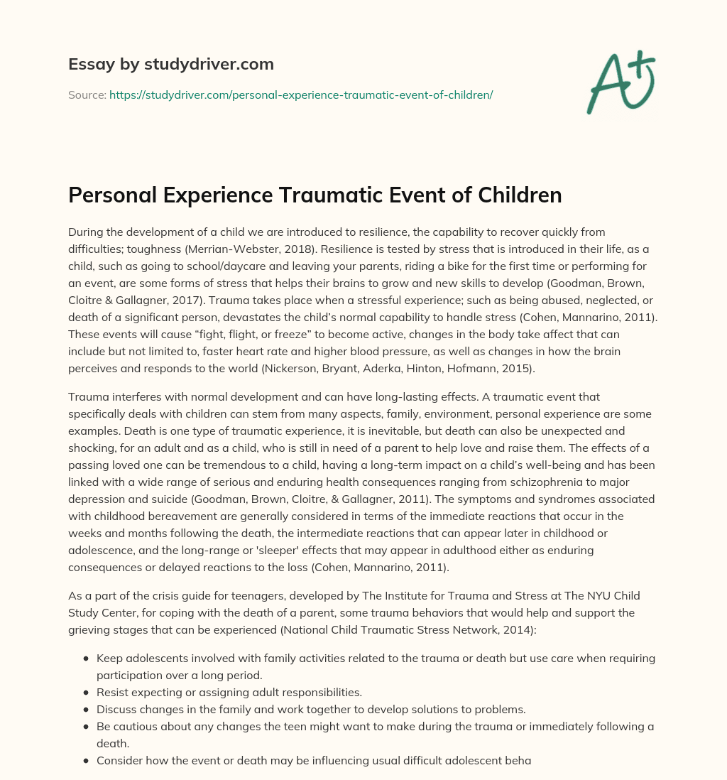 Personal Experience Traumatic Event of Children essay