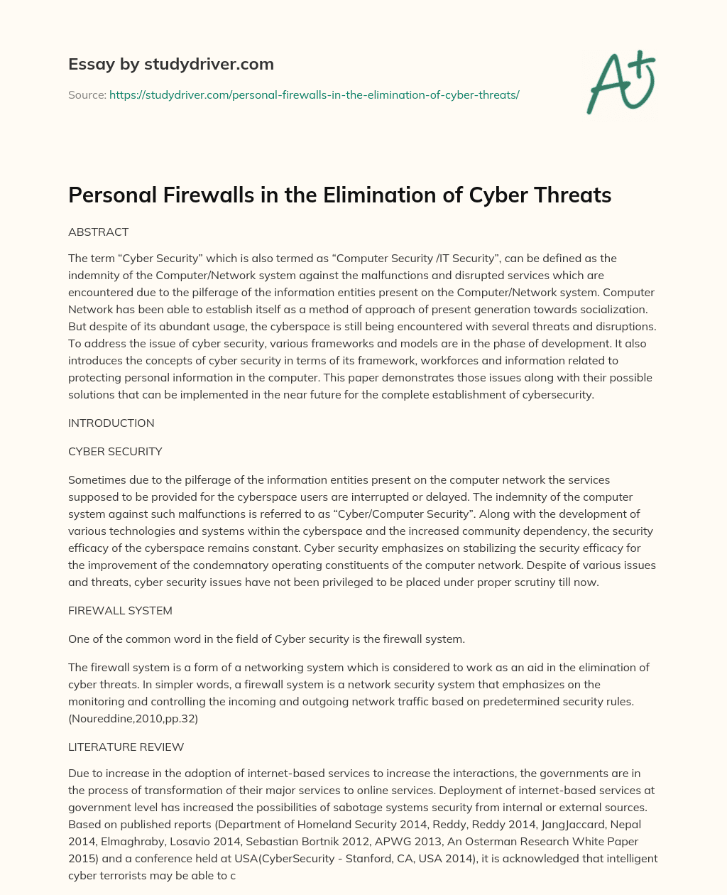 Personal Firewalls in the Elimination of Cyber Threats essay
