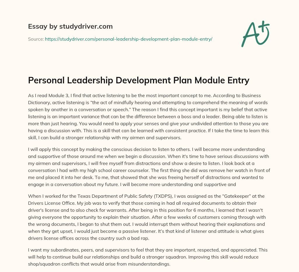 Personal Leadership Development Plan Module Entry essay