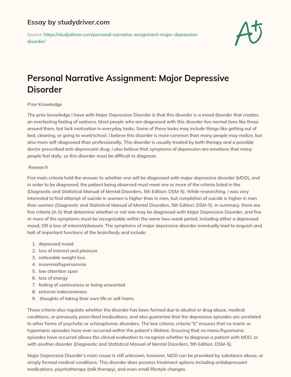 Personal Narrative Assignment: Major Depressive Disorder essay