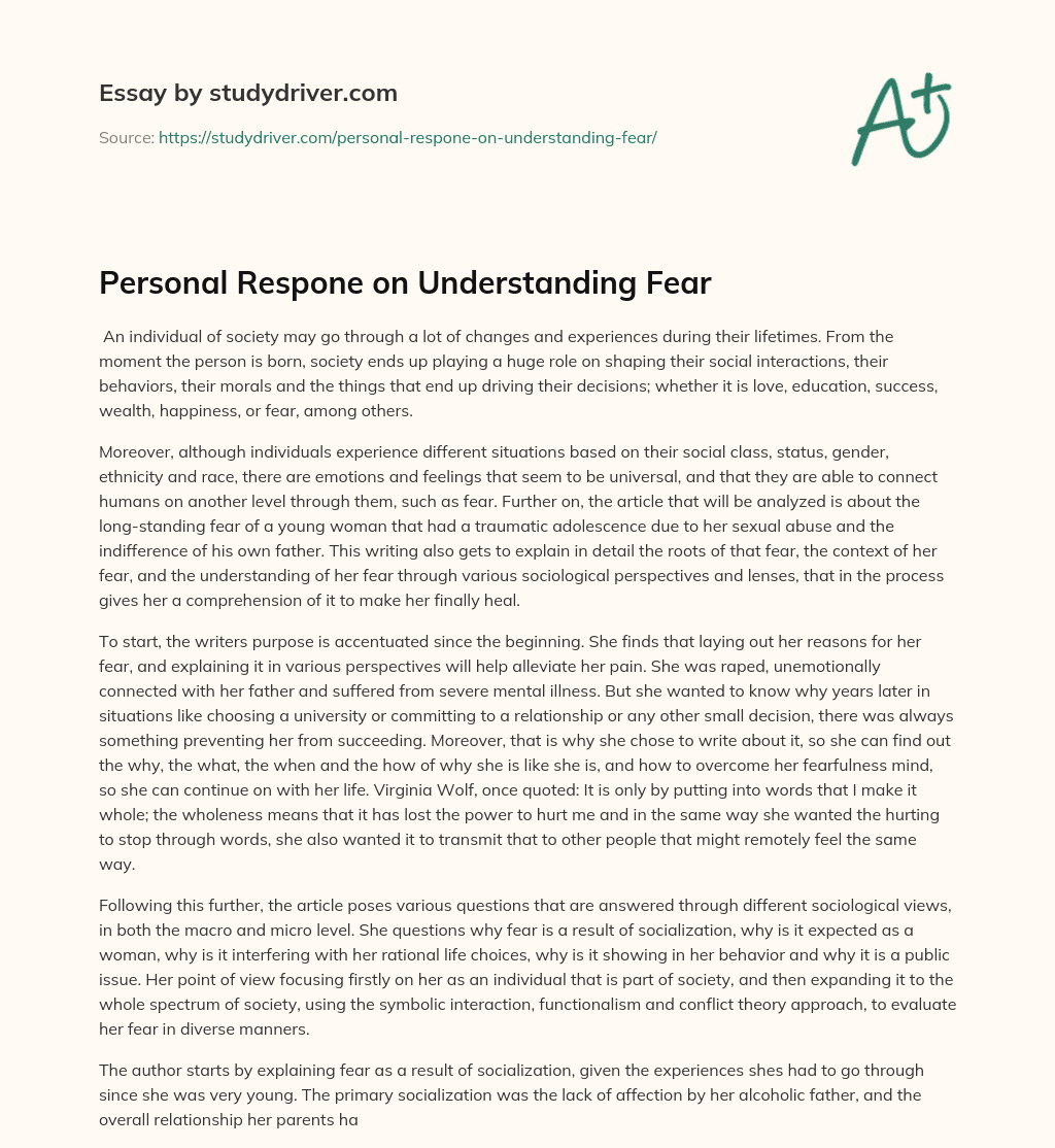 Personal Respone on Understanding Fear essay