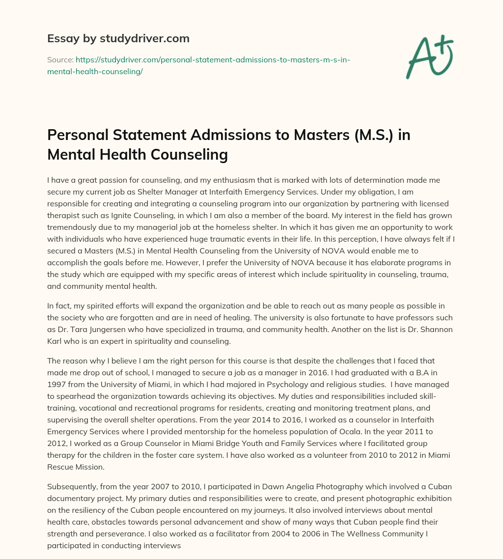 Personal Statement Admissions To Masters M S In Mental Health 