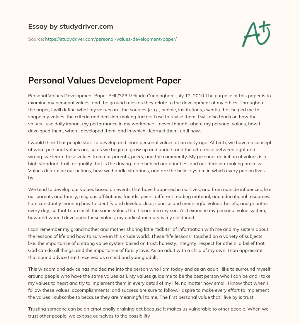Personal Values Development Paper essay
