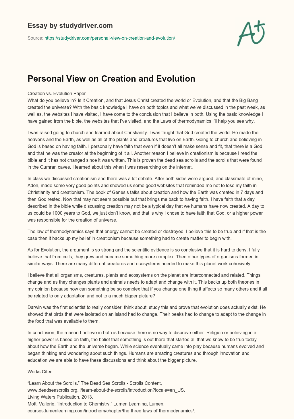 Personal View on Creation and Evolution essay