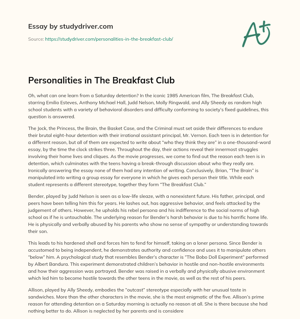 Personalities in the Breakfast Club essay