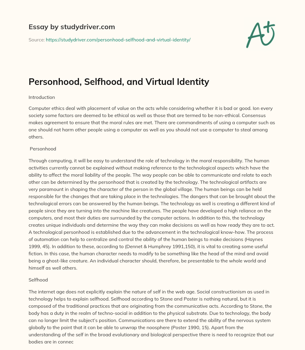 Personhood, Selfhood, and Virtual Identity essay