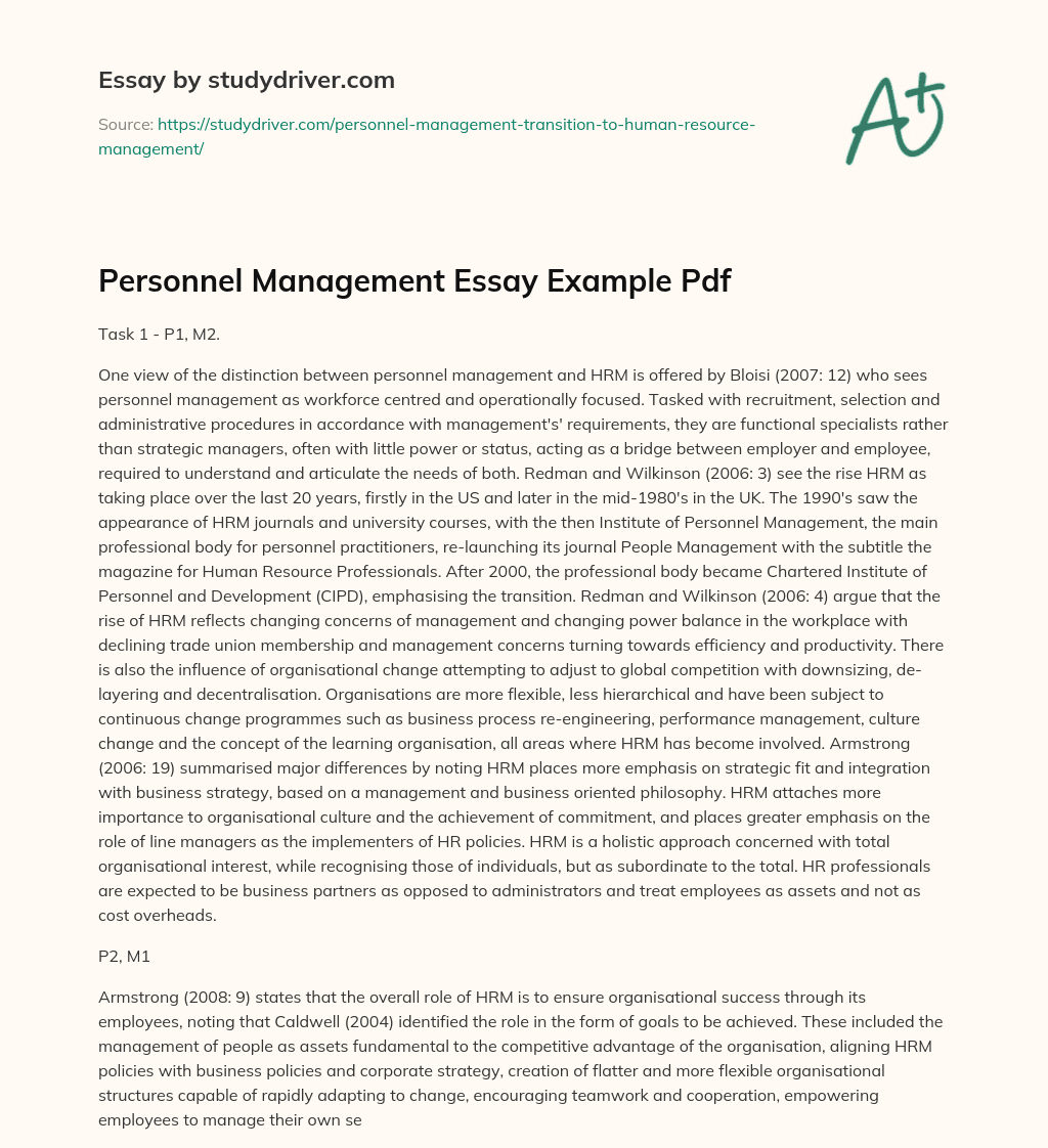 Personnel Management Essay Example Pdf essay