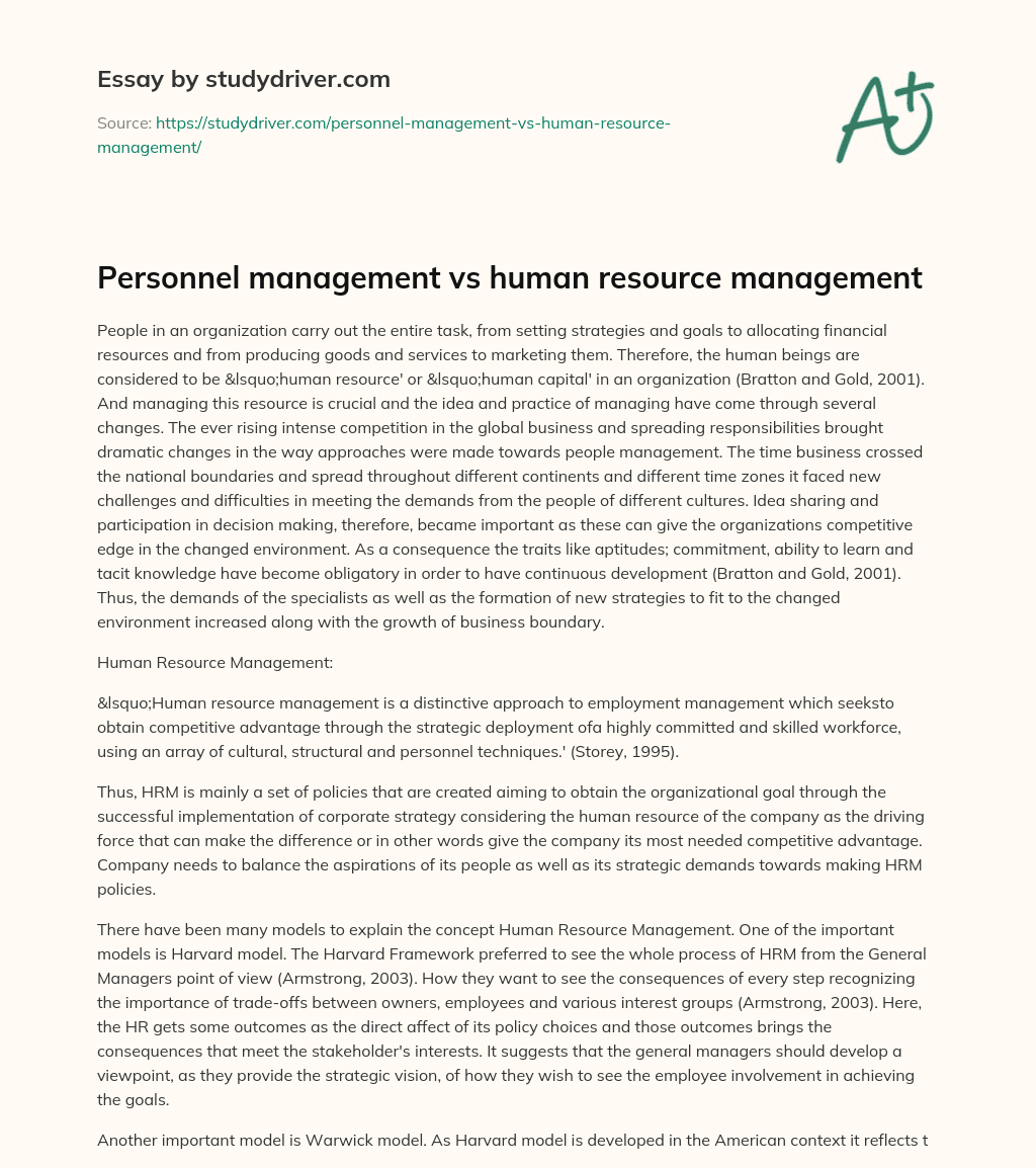 Personnel Management Vs Human Resource Management essay