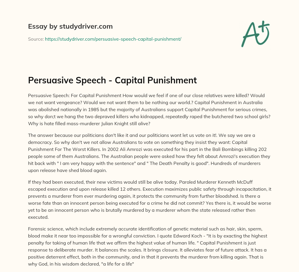 Persuasive Speech – Capital Punishment essay