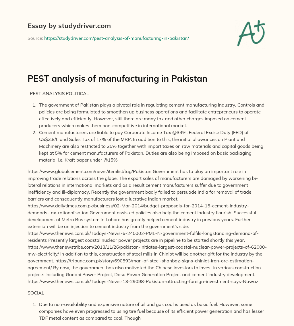 PEST Analysis of Manufacturing in Pakistan essay
