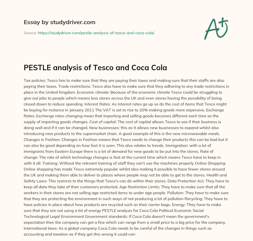 PESTLE Analysis of Tesco and Coca Cola essay
