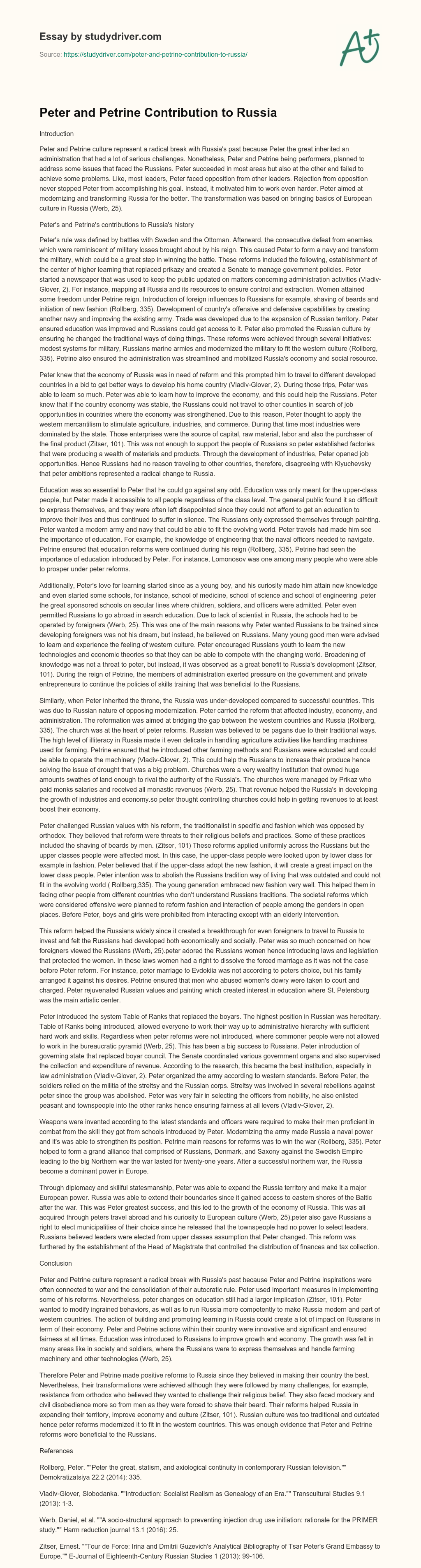 Peter and Petrine Contribution to Russia essay