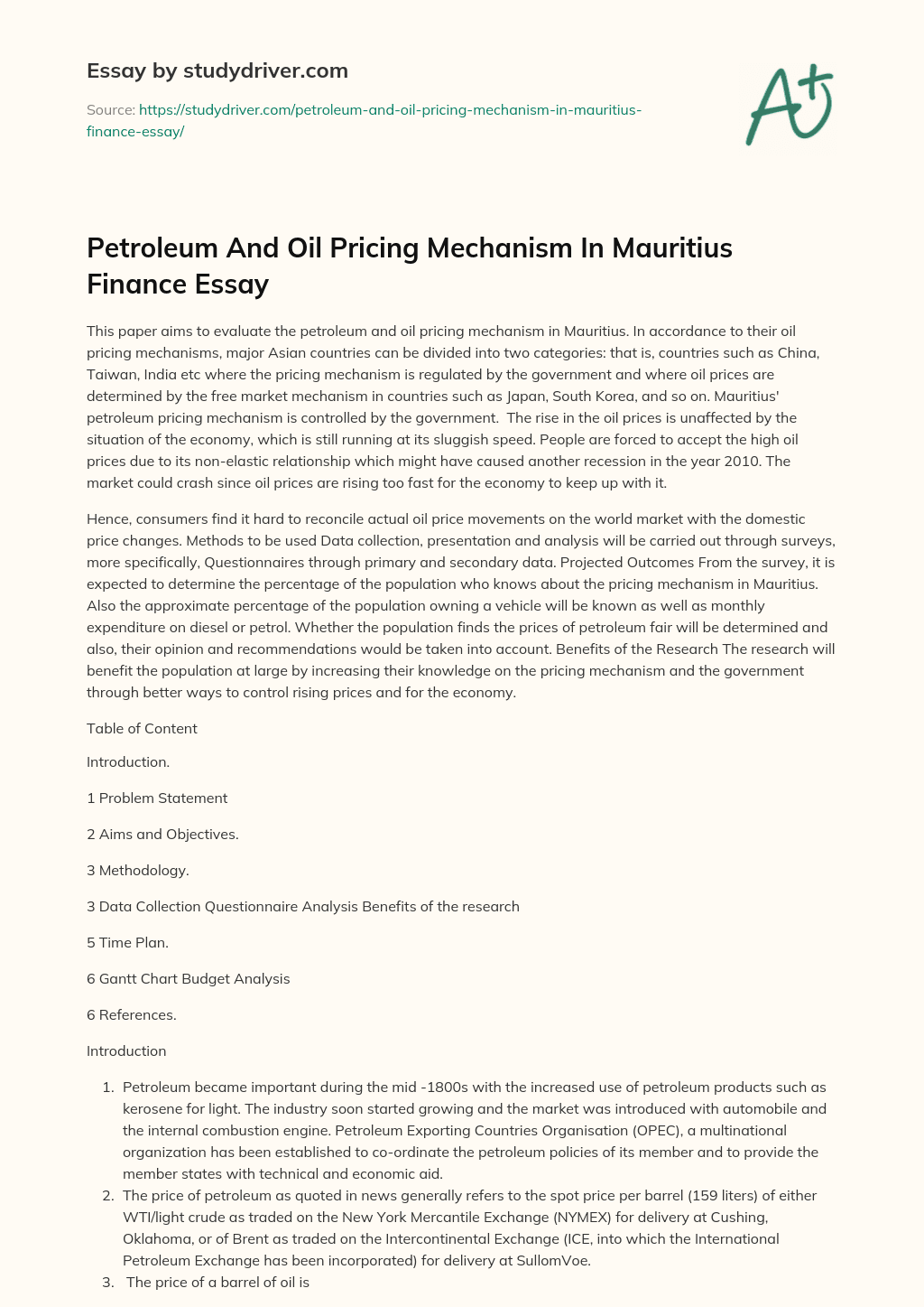 Petroleum and Oil Pricing Mechanism in Mauritius Finance Essay essay