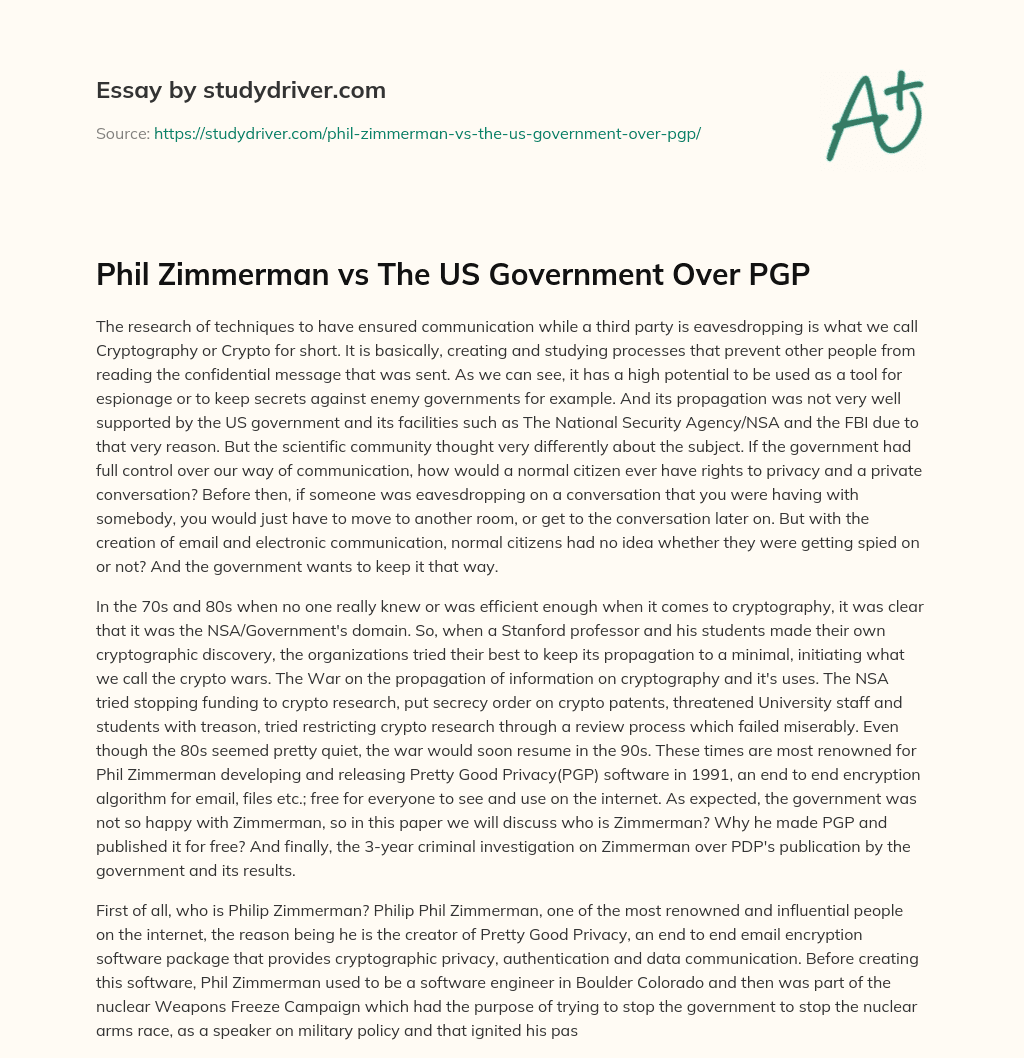 Phil Zimmerman Vs the US Government over PGP essay
