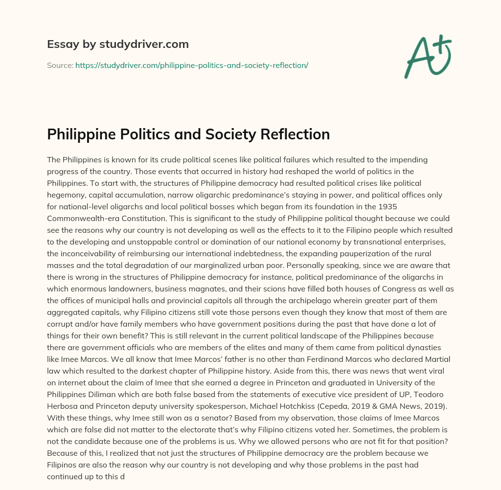Philippine Politics and Society Reflection essay