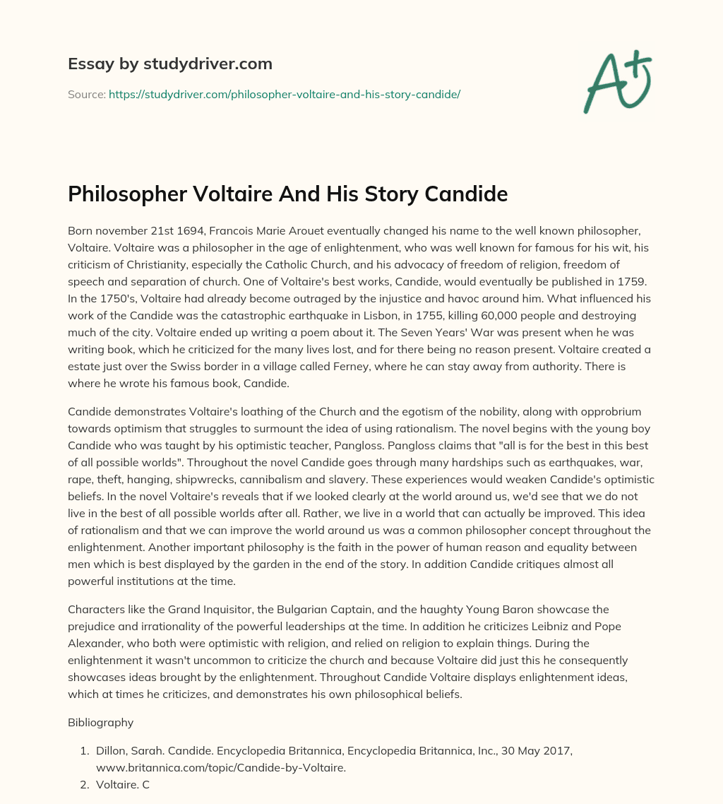 Philosopher Voltaire and his Story Candide essay