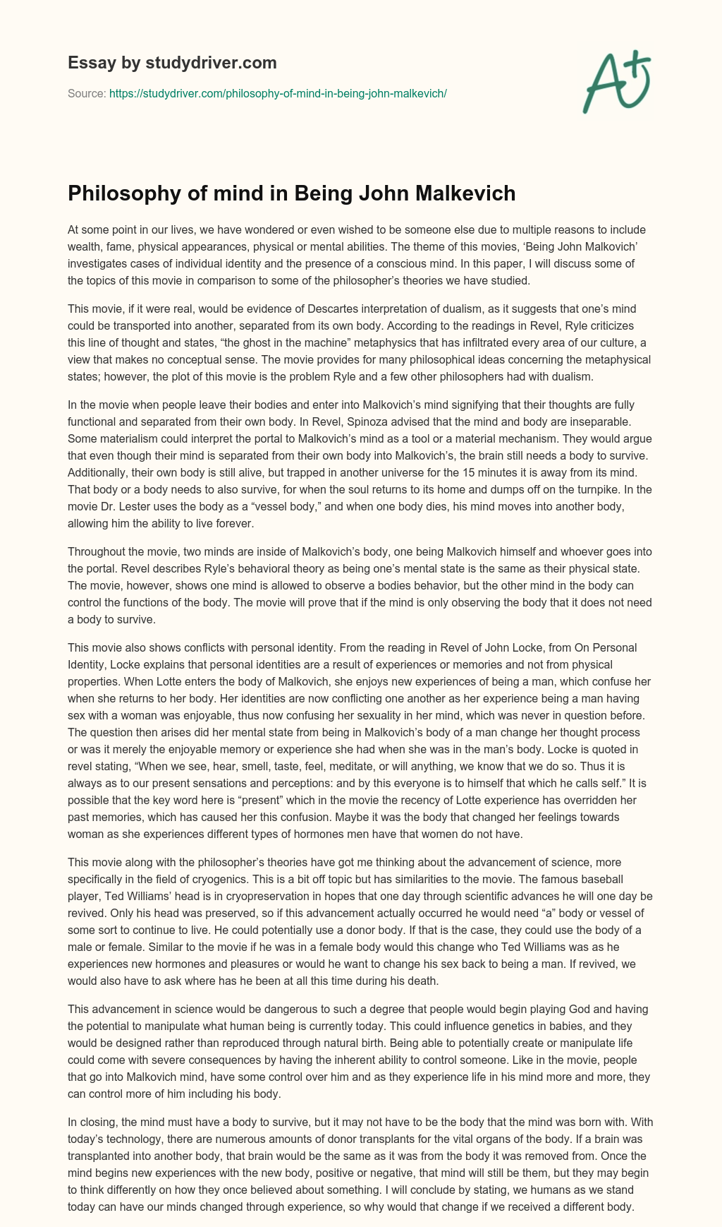 Philosophy of Mind in being John Malkevich essay