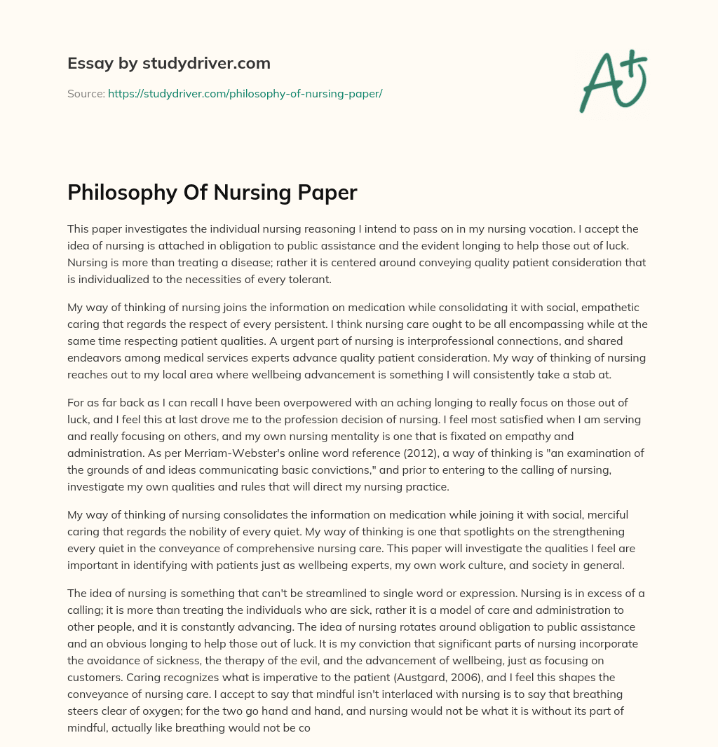 Philosophy of Nursing Paper essay